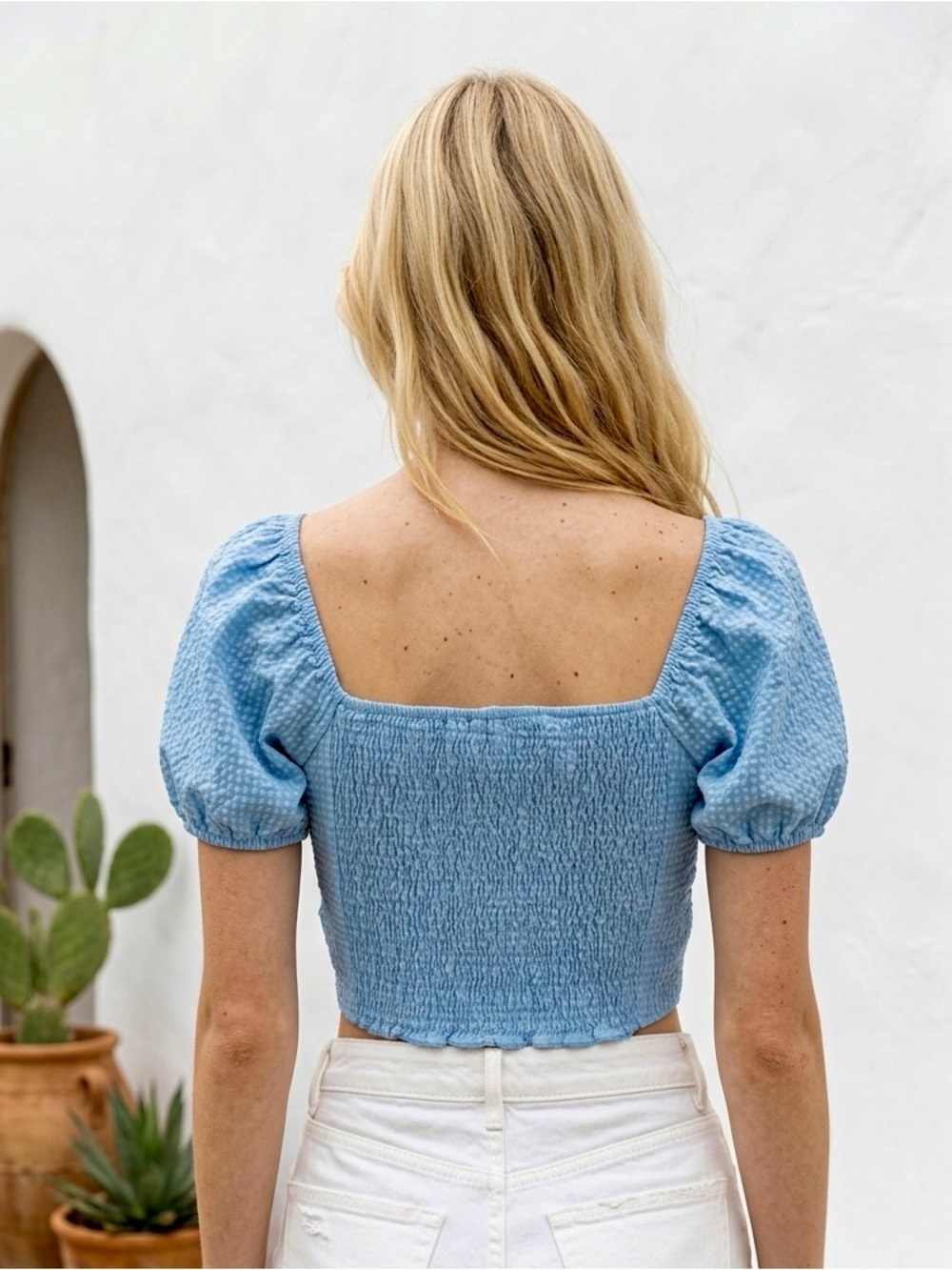 Altar'd State Light Blue Tie-Front Puff Sleeve Crop Top - Picture 2 of 8